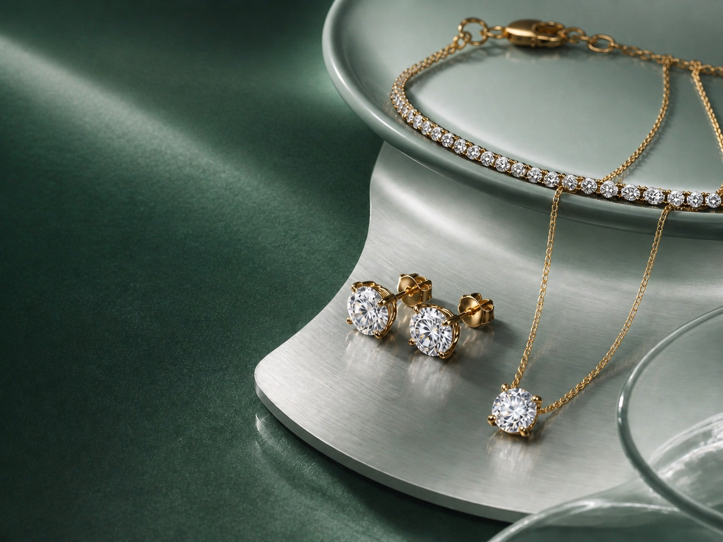 Diamond earrings, pendant and bracelet arranged on smoked glass
